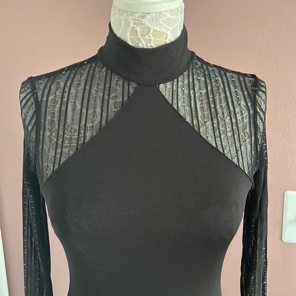 Mock Neck Contrast Mesh Sheer Split Back
Bodycon Dress - Black Shimmer Glitter - Picture 9 of 11
